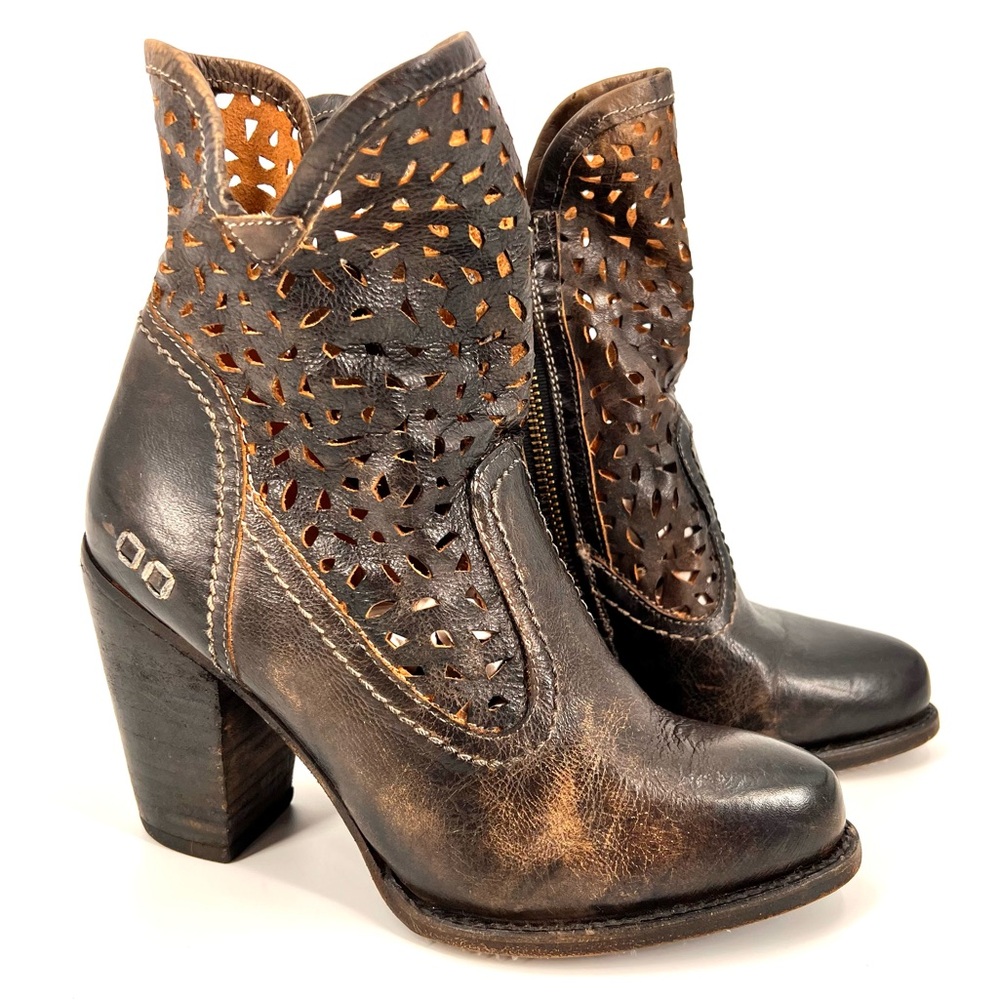 Bed|Stu Irma Laser Cut Leather Slouch Heeled Ankle Boots Teak/ BlackSz 7.5 US